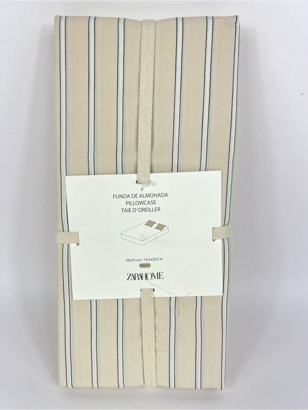 Zara Home Standard or Queen Pillowcases Tan White Black Striped Set of 2 NEW